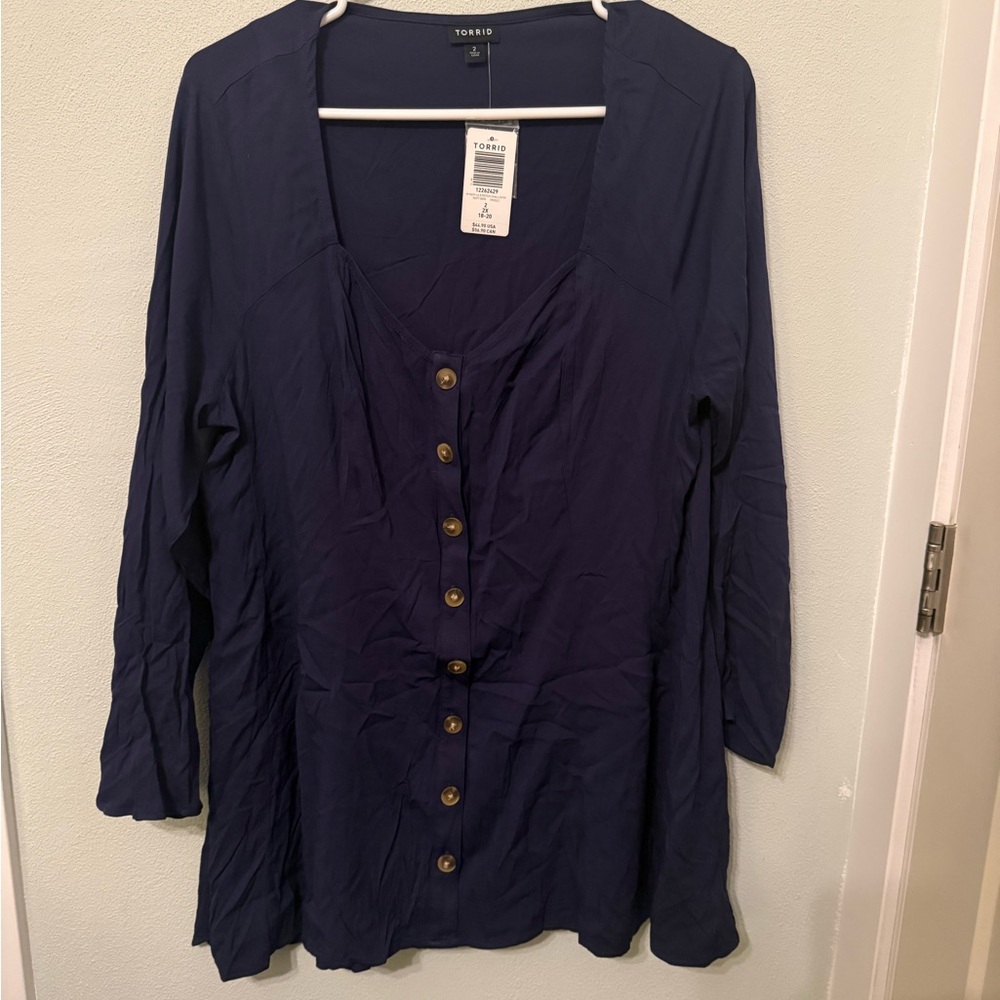 torrid Navy Blue Button-Front V-Neck Blouse with Gold Buttons
